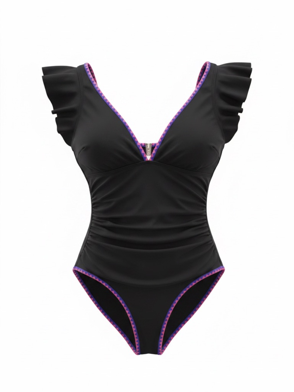Women’s Sz L NWT Black Ruffle Ruched Tummy Control Swimsuit One Piece Slimming